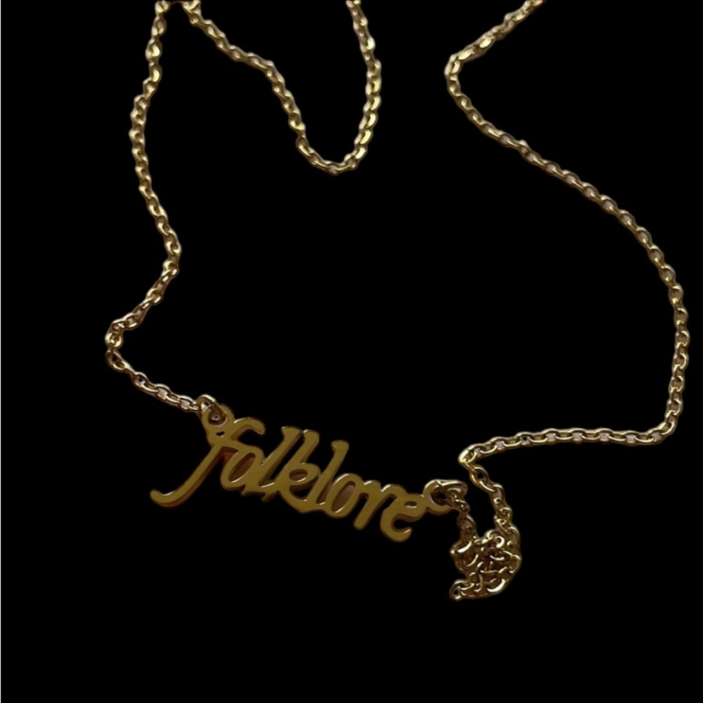 SOLD Taylor Swift Folklore Necklace  Album Gold Handwriting Script Text - Picture 2 of 6